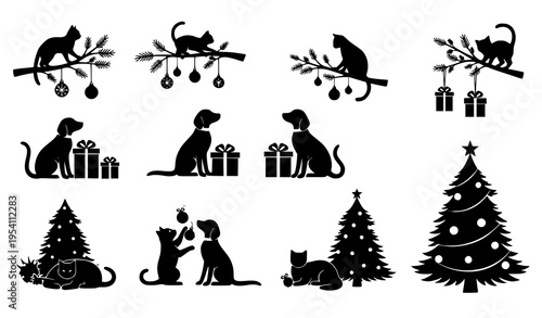 Christmas Cats and Dogs Silhouette Set with Holiday Tree Vector Illustration