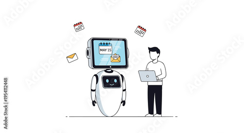 Vector illustration of robot and man with laptop, futuristic technology concept