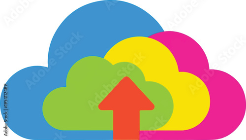 A colorful cloud icon featuring a bright red arrow pointing upwards for digital upload services