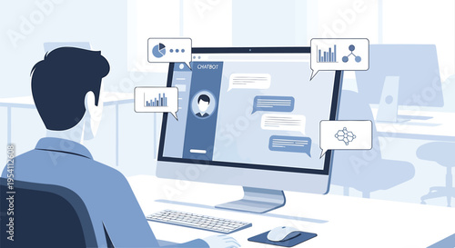 Vector illustration of man working on computer with chat and data icons
