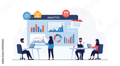 Vector illustration of people working with business analytics and data visualization