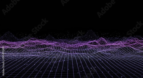 Abstract digital representation of a continuous dynamic wave field moving across a grid surface, ideal for scientific backgrounds, gradient, light, smooth