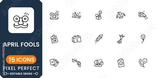 April Fools day icon collection with prank jokes, funny humor symbols, playful elements and comedy design clean outline vector set