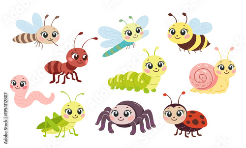 Cute bugs and insects cartoon characters. Happy insects in kids style.Mosquito, spider, caterpillar, worm, ladybug, snail, dragonfly, bee. Vector illustration
