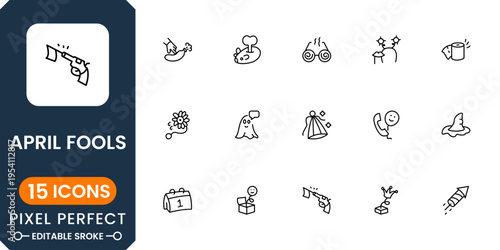 April Fools day icon collection with prank jokes, funny humor symbols, playful elements and comedy design clean outline vector set