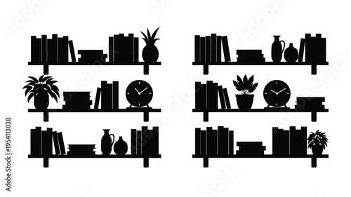 Black shelves display books plants and decor in bold silhouette