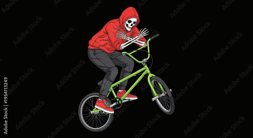 Fototapeta premium Skeleton on a lime green BMX bike performing a stunt on a black background