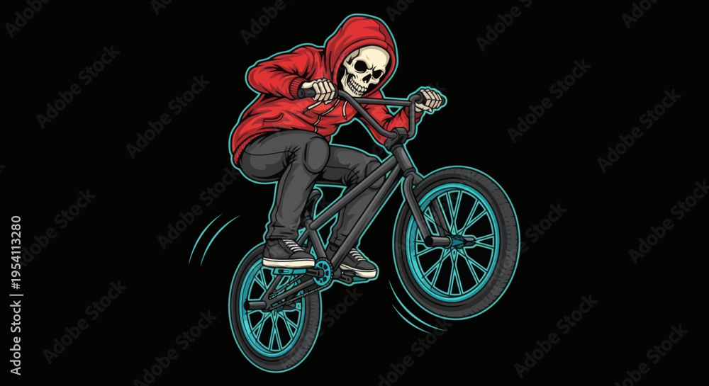 Obraz premium Skeleton riding a BMX bike with red hoodie performing a stunt on a black background, action sport illustration