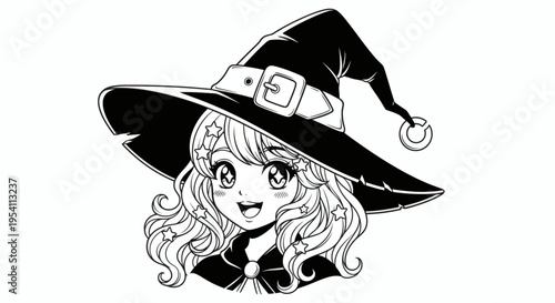 Charming anime witch girl illustration with a joyful expression, wearing a stylish pointed hat, perfect for fantasy and kawaii designs