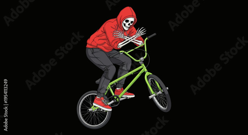 Skeleton on a lime green BMX bike performing a stunt on a black background