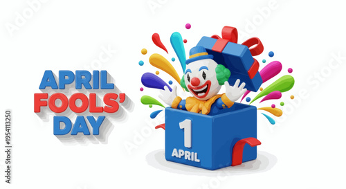 Vibrant April 1st celebration with a cheerful clown character emerging from a surprise gift box, surrounded by festive confetti, embodying the playful spirit of pranks and laughter
