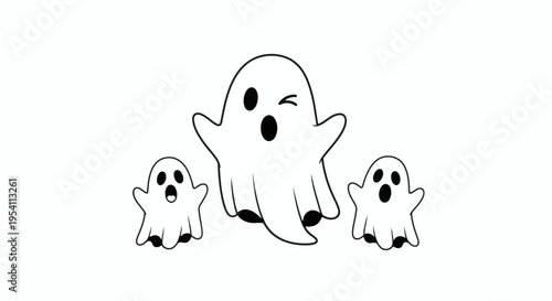Spooky Halloween characters a trio of cute white ghosts with big eyes and mouths, playfully winking and opening their mouths