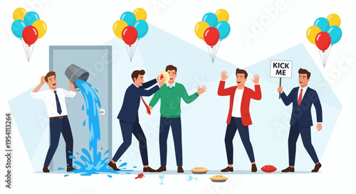 Humorous office party mishap with colleagues experiencing unexpected pranks and chaotic fun, creating a lively and unforgettable workplace celebration