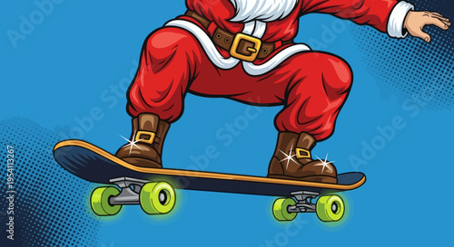 Father Christmas Embraces Urban Sport, Showing Off Skateboarding Skills with Festive Flair and Holiday Cheer in a Dynamic Illustration