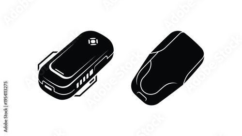Two black car key fobs displayed against a white background silhouette
