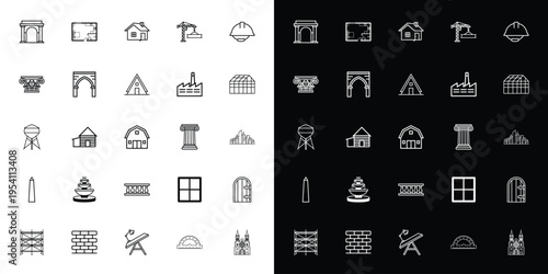 Set of 25 Architecture and Construction Line Icons Vector for Building, Engineering, and Design Projects on White and Black Backgrounds