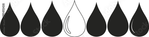 Water drop icons set in row layout. Simple silhouette vector for liquid and eco design.