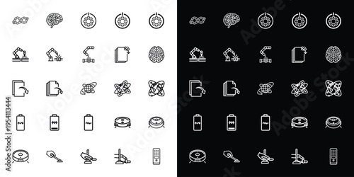 Set of 25 Outline Technology and Business Icons Vector Collection for Web, Mobile Apps, and Digital Interfaces on White and Black Backgrounds