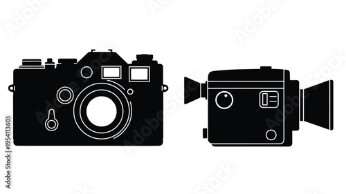 Vintage camera and film camera depicted in stark black silhouette