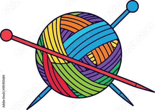 A vibrant illustration of a colorful yarn ball with two knitting needles crossed behind it icon