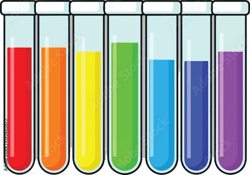 A row of seven glass test tubes filled with vibrant rainbow colored liquids for science research