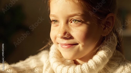 Smiling young girl in white sweater looking away from camera in indoor setting with warm lighting