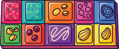 A colorful chocolate bar divided into ten squares with unique decorative toppings and designs