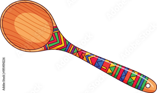 A single wooden kitchen spoon featuring an intricate and colorful tribal pattern on the handle