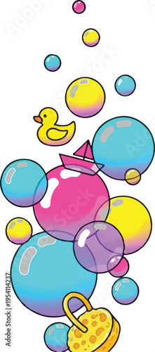 A playful illustration featuring vibrant colorful bubbles with a rubber duck and a toy sailboat