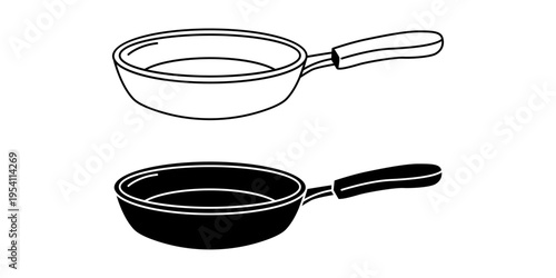 Frying pan icon set with outline and solid style for cooking kitchen utensil food preparation