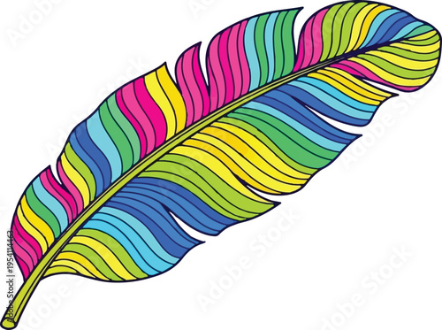 A vibrant and artistic illustration of a single feather filled with a colorful rainbow pattern
