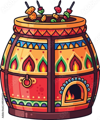A vibrant and colorful illustration of a traditional clay tandoor oven cooking meat skewers now