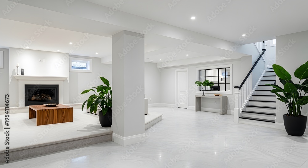 Fototapeta premium Modern renovated basement living space with fireplace and staircase