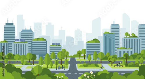 Sustainable City Illustration with Eco-Friendly Buildings, Green Rooftops, Solar Panels, and Lush Urban Parks