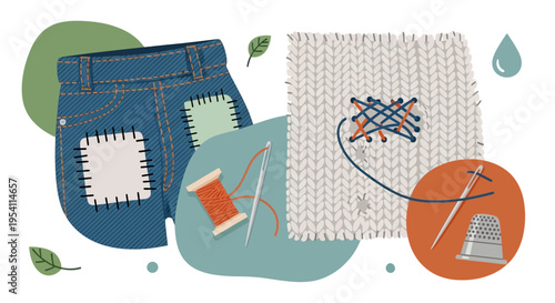 Sustainable Clothing Repair: Mending Jeans and Knitwear with Sewing Tools Illustration