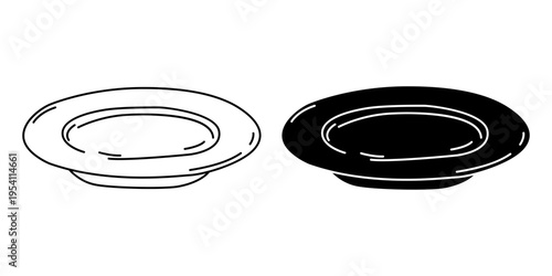Plate icon set with outline and solid style for dining table kitchen food serving concept