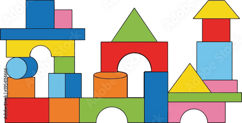 A colorful collection of assorted wooden building blocks arranged to resemble a small toy castle