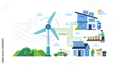 Green Energy & Sustainable Living Ecosystem: Wind, Solar Power, EV Charging, Smart Home & Eco Practices