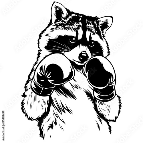 Black and white raccoon wearing boxing gloves in a bold animal illustration with a fierce sporty mascot style.