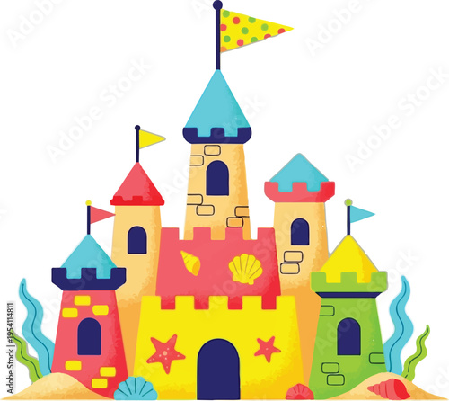 Colorful cartoon sandcastle illustration with sea shells and seaweed on a clean white background