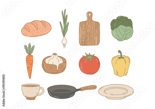 Hand drawn kitchen elements set with vegetables cookware bread and rustic home cooking items