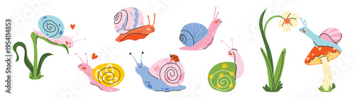 Flat snail sticker vector set in cute spring style. Funny colorful snails with flowers, leaves and mushrooms. Cozy nature collection, cartoon style. Perfect for stickers, kids design and decor.