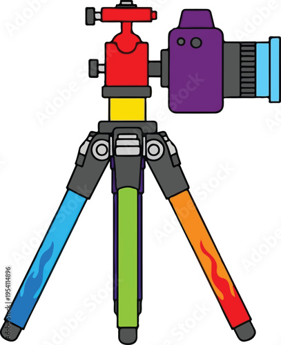 A vibrant digital camera mounted on a colorful tripod with bright primary and secondary colors