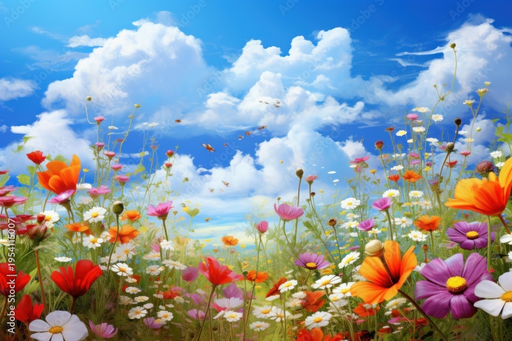 Fototapeta premium Colorful wildflowers bursting with life, painting a vibrant meadow under a clear blue sky