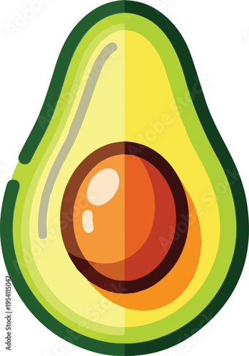 A vibrant digital illustration of a halved fresh avocado showcasing its smooth pit and green flesh