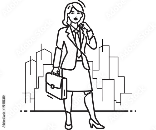 Businesswoman standing with briefcase and cityscape background talking on phone featuring woman, office, professional with career and job elements
