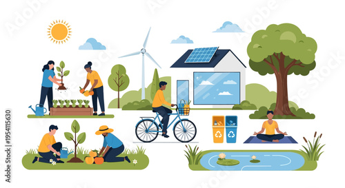 Green Living & Sustainable Lifestyle: People Gardening, Cycling, Practicing Yoga, Utilizing Solar and Wind Energy in an Eco-Friendly Community