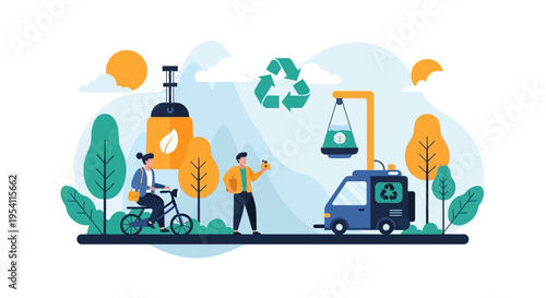 Sustainable Living and Eco-Friendly Lifestyle Illustration with Green Energy, Recycling, and Clean Transportation