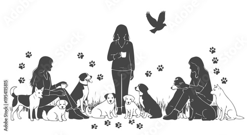 Women and their dogs in a serene outdoor setting