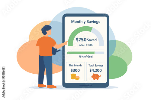 Man checking monthly savings on smartphone app.